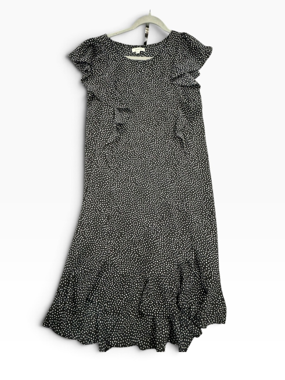 Max Studio Black Midi Dress with White Dot Print and Ruffle Hem